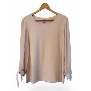 Pretty Chico's Wmns Lt Peach/Pink Stretchy Soft Sweater Sheer Sleeves Sz 2 (L)